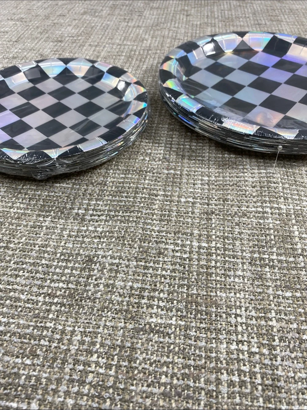 Holographic Black Checkered Paper Plates - Set of 2
